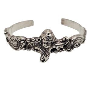 Sterling Silver Cherub Angel Cuff Bracelet Ornate Baroque Victorian Revival 24g